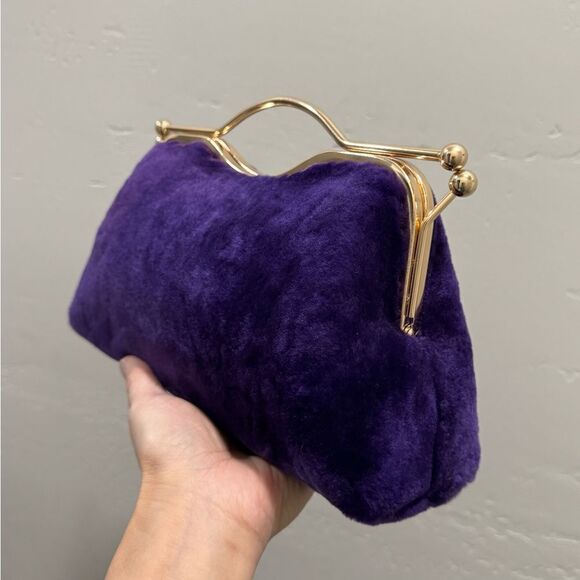 Purple Real Shearling Leather Double Kisslock & Top Handle Clutch with 2 Straps - Picture 14 of 16